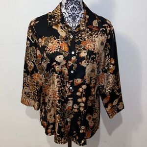 3/$45 SilkLand Black Brown & Orange Floral 100% Silk Blouse Size Large